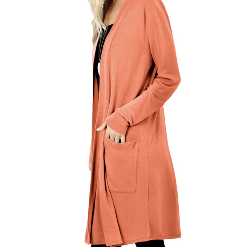 Peach Cardigan Sweater Long Sleeves Open Front W/Pockets Sz. L - Picture 5 of 10